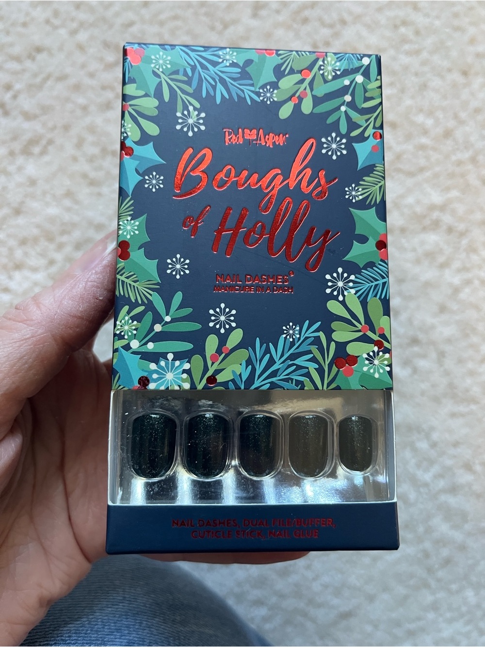 Red Aspen Boughs of Holly Green Glitter Press-On Nails